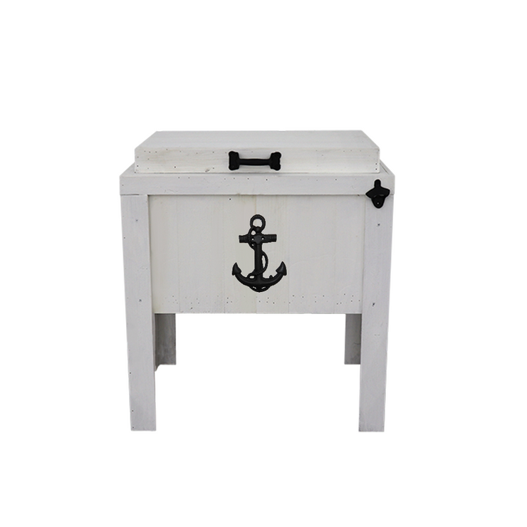 White single cooler - sea anchor adornment - black bottle opener - black handle