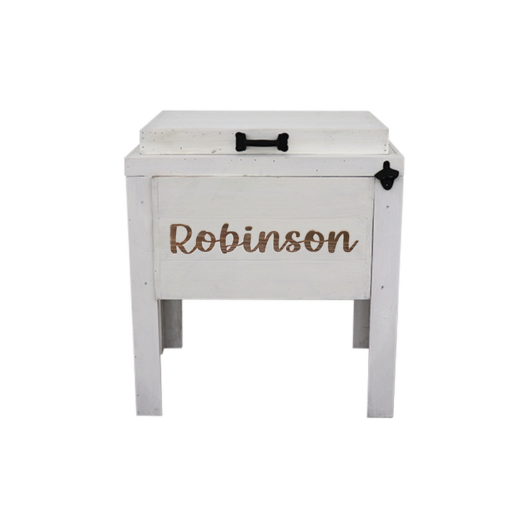 White wooden rustic cooler - engraving - black handle - black bottle opener