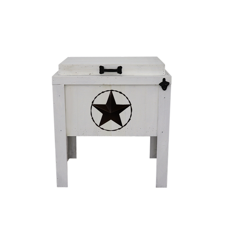 White Single Cooler - Star with Barbed Wire - Black Handle - Black Bottle Opener